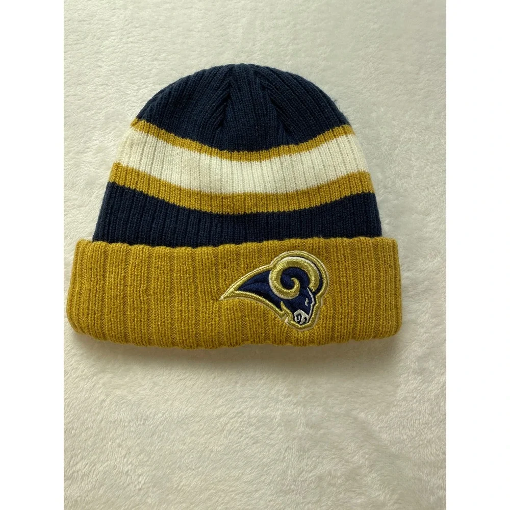 New Era Los Angeles Rams NFL Knit Beanie Hat Cuffed Striped Navy Gold‎ Mens OSFM